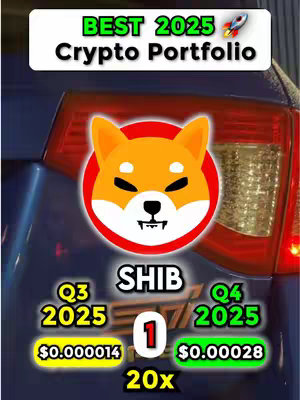 The image is a vertical graphic with a blue background. In the center, there's a Shiba Inu dog icon inside a red circle, surrounded by text and numerical data. At the top, there is a banner reading "BEST 2025 Crypto Portfolio" with a small rocket ship. Below the dog icon, the word “SHIB” is displayed. Below that, there are two boxes labeled “Q3 2025” and “Q4 2025” respectively. Within those boxes are displayed the value and potential growth multiple for this currency.