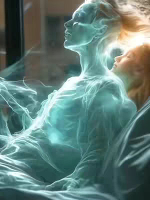 An ethereal image of two figures, one in the foreground and one in the background, appearing to be in a resting position or lying down. The main figure in the foreground has a translucent, glowing, teal-colored appearance, with light emanating from within the body. The background figure is less defined but seems to be in a similar position. The setting suggests a bed, with a white sheet and pillow visible. The lighting is soft and diffused, creating a dreamy or spiritual atmosphere. Overall, the image has a mystical and otherworldly feel.
