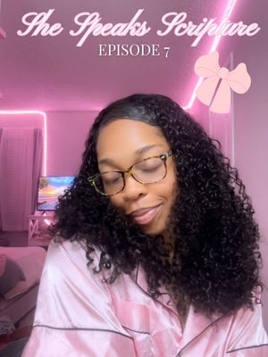A woman with curly black hair and glasses is smiling with her eyes closed. She is wearing a pink satin pajama top and is set against a softly lit pink background. Text in a whimsical font overlays her with Episode 7 marking this episode on the content that she creates