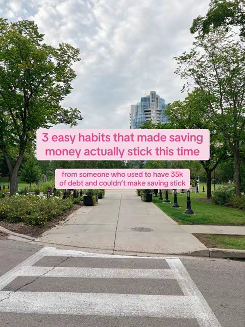 An outdoor shot showing a wide path flanked by green grass, trees, and bushes. Two text boxes overlay the scene, conveying financial advice.