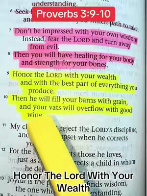 An open book with highlighted Bible verses. The section "Proverbs 3:9-10" is highlighted with red and yellow markers. Text is visible on adjacent pages.