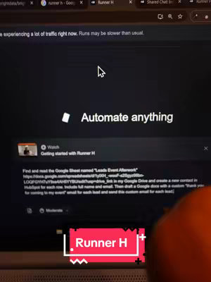 A person is using a laptop that displays text in the center that reads 'Automate anything'. Overlaid on the text, there is a logo with text that reads 'Runner H' and is highlighted in a pink and white rectangle.