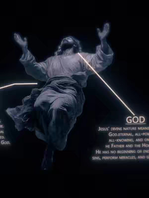 A dark image featuring a statue of Jesus Christ with his arms raised. Light rays and text overlays with religious themes.