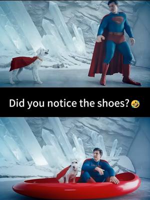 A split-screen image featuring Superman and a dog impersonating Krypto in a snowy, crystalline environment and the Superman with Krypto in a red boat.