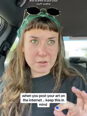A woman with light skin and long blonde hair sits in a car, looking towards the camera with a slight expression of contemplation. She wears a green bandana, sunglasses on top of her head, and a black shirt. Text overlays at the top and bottom of the image.