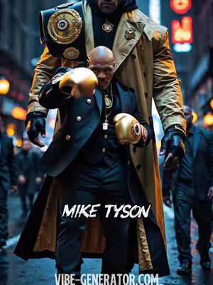 A digitally generated image featuring a portrait of Mike Tyson in the foreground, posed with boxing gloves, with a giant figure behind that seems to be a body-guard character or a similar representation. The background suggests an urban setting with blurred lights and people, and the image uses a dark and strong color palette with gold accents on the gloves and belt. The words "MIKE TYSON" are written across the bottom of the image in white capital letters. The website "VIBE-GENERATOR.COM" appears below this text in a smaller font size.