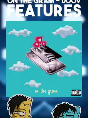 The cover image is a creative collage against a textured blue-green background. Dominating the layout is a light pink smartphone displaying an artistic rendering of a woman. Above the phone floats a few red and white hearts. The words 'ON THE GRAM - DOOV' arch across the top, while other text elements are scattered throughout. Two cartoon characters are positioned at the lower corners of the image.