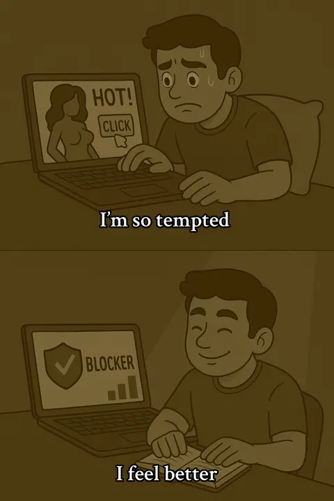 A two-panel cartoon image depicting a man's struggle with temptation. The top panel shows the man looking conflicted in front of a laptop displaying an image of a scantily clad figure with a "HOT! CLICK" button. The bottom panel shows the same man smiling, with his laptop now displaying a "BLOCKER" screen. The overall color scheme is a sepia tone.