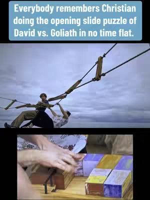 The image is split into two parts. The top section shows two people on a challenge structure made of ropes and a platform. The Sky is visible with some clouds. The bottom section depicts hands moving colored blocks on a wooden surface.