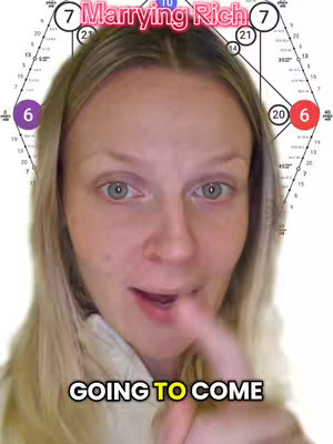 A woman with blonde hair and fair skin is centered, slightly turned with an open mouth and pointing gesture. Above her is a diagram with geometric shapes and numbers. The words "Marrying Rich" sit at the top.