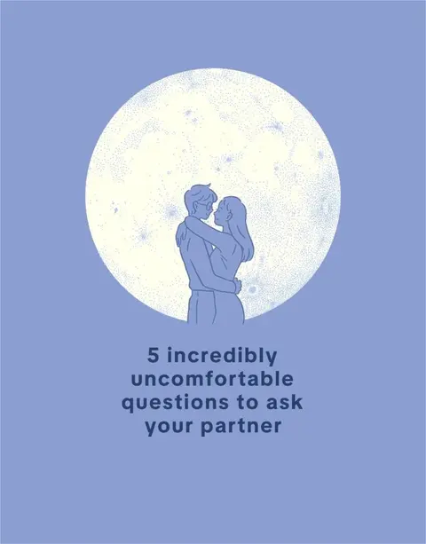 The cover image features an illustration of a couple embracing in front of a large, stylized moon. The couple is depicted in a minimalist, line-art style, with soft blue hues dominating the color scheme, enhancing the romantic mood. Centered below the moon and the couple is overlaid text with the phrase '5 incredibly uncomfortable questions to ask your partner,' set in a clean, legible font. The background is a solid, light blue color.