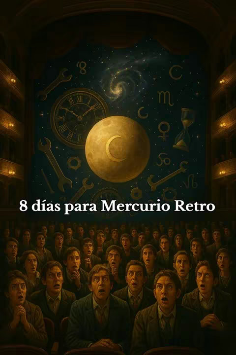 An artistic, detailed image depicting a theater scene. The background shows a dark, starry night sky with a large, golden moon with a crescent shape. Various symbols, clocks, and wrenches are distributed in the space. In the foreground, a crowd of people are sitting, looking up with expressions of surprise and apprehension.