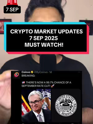 The cover image features a person in front of a black overlay with the text "CRYPTO MARKET UPDATES 7 SEP 2025 MUST WATCH!". Above this text is a red rectangular element that has "7 SEP" in white. A screenshot of a tweet with the breaking news about crypto market is in the bottom with an image of a person with glasses and a stamp. The image has a teal background.