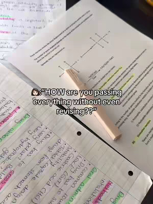 A top-down shot shows open notebooks with handwritten notes, diagrams, and highlighted text related to a study topic. A chapstick lies across the pages. Text overlay on the lower portion of screen asks, How are you passing everything without even revising??
