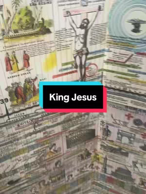 The cover image shows a detailed illustration of Bible-related scenes arranged around a central image of Jesus on the cross. The background consists of various drawings and text. There's a rectangular overlay with text 'King Jesus' in black and a blue-cyan and pink background