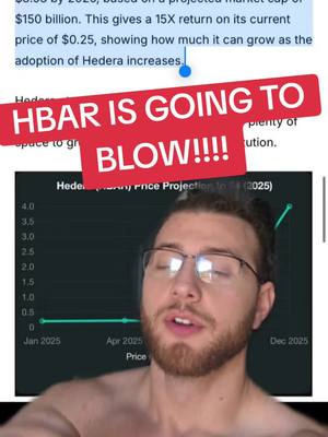 A selfie-style video image featuring a man with glasses and a beard. He's looking at the camera with a chart behind him, showing a financial projection, overlaid with a red banner that reads 'HBAR IS GOING TO BLOW!!!!'. The background has additional text containing financial information.