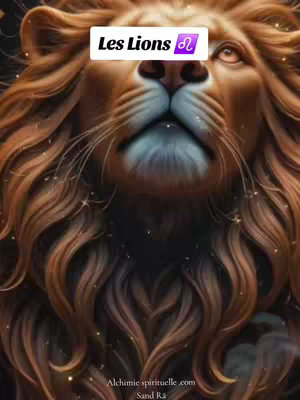 An artistic, low-angle shot of a lion's face dominates the frame, looking upwards. The lion is rendered in a realistic style, displaying detailed fur and a serene expression. A text overlay in a white rectangular box stating "Les Lions" (The Lions in French) is positioned above the lion's head, which also includes the Leo astrological symbol. The background displays a mystical, gradient blend of colors, illuminated by glittering stars, which gives a ethereal effect.