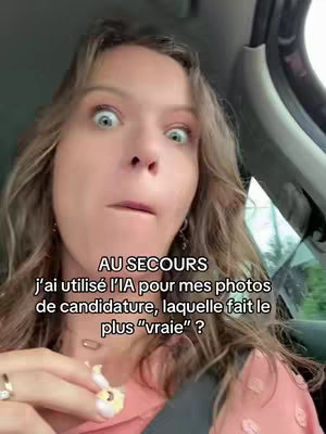 A woman with wide eyes and an open mouth, the photo is taken from a car.