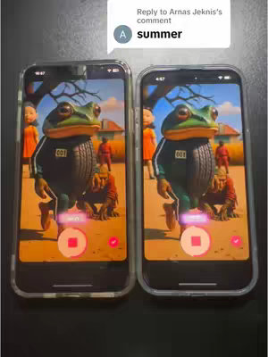 An image of two smartphones side-by-side, each displaying a scene from "Squid Game" reimagined with a frog as the character wearing the iconic tracksuit and mask. In the background of the scene, other characters from the series are also present, and red button overlays are placed in the foreground. A speech bubble in the top-right says "summer".