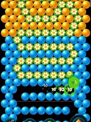 The cover image displays a screenshot from a bubble-shooting game. The layout is filled with various colored bubbles: orange, light green, and blue. Additionally, there are small white flower graphics that are intermixed with the light green circles. In the bottom portion are score indicators. The graphic is clean and organized with a black background.