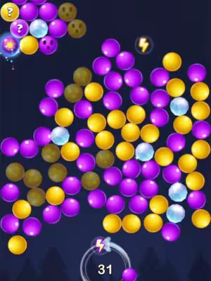 The image shows a colorful bubble shooter game in progress. Various colored bubbles (yellow, purple, blue, gold) are clustered together, forming a game board. In the lower part of the image, there's a circle showing the number '31', possibly indicating the current score or moves left. Above the game board, there are more bubbles with question marks and faces, indicating the incoming bubble. The background is a dark blue, creating a contrast to the colorful bubbles.