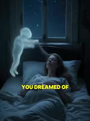 The cover image shows a woman lying in bed, seemingly asleep. A glowing, translucent figure resembling a person is floating above her, extending its arm towards her. The background includes a window with a night sky scene with stars. Text overlayed on the image reads "YOU DREAMED OF." The overall composition is dreamlike and serene.