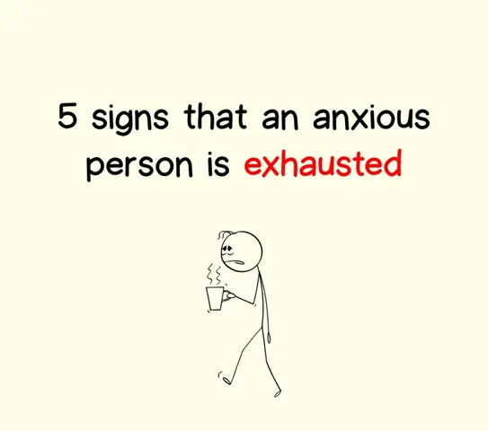 The cover image is a minimalist drawing on a cream-colored background. It features a stick figure with a concerned expression, holding a coffee cup, and walking. Above it is text indicating the video is about signs of exhaustion.