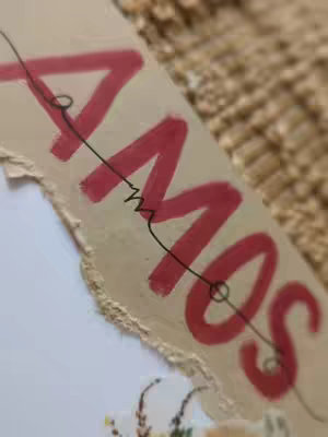 Close-up of a page with the word "AMOS" in bold red letters, overlaid with a black line, on a beige paper surface. A close-up of a tan and beige background is in the upper right corner, while the lower part of is slightly out-of-focus.