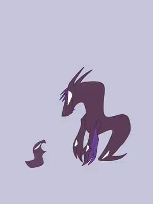 The image features two stylized, dark purple creatures against a light purple background. One creature is larger, appearing to be a quadruped with a long neck, pointed ears, clawed hands, and purple highlights around the claws and side of the head. The second creature is smaller, with an open mouth and positioned near the larger figure. The overall aesthetic is minimalist and somewhat eerie.