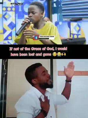 The cover image is a split screen. The top half shows a young person singing into a microphone, superimposed on what appears to be a stage. In a yellow shirt with the Facebook logo and Freda Boateng Junior visible. The bottom half features a man with a beard in a white shirt with his hands raised, suggesting worship.