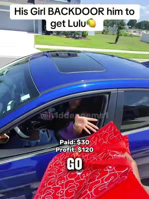 The image captures a scene from inside a car, with a blue exterior. A woman inside the car appears to be holding out a large red bag with a white paisley design. Text overlays indicate a price of $30 paid with a profit of $120 and the word GO