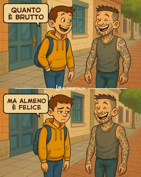 The cover image is a two-paneled illustration on a city street backdrop. The top panel shows the first character smiling and the second character next to him smiling. The bottom panel shows the first person showing a sad expression. Both panels have text bubbles.