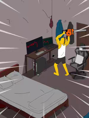 An illustration depicts a chaotic bedroom scene. A yellow-skinned figure in a white tank top and black shorts is raising a chainsaw overhead, radiating energy lines from the action. The room includes a bed with gray bedding, a computer setup with two monitors displaying chart graphics, a computer tower, and a closed brown door. The walls are gray, with paint partially peeling, and various clothing pieces are hanging near the door, indicating a messy environment.