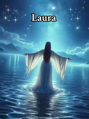 An AI-generated image depicts a woman standing in water, arms outstretched, facing away from the viewer. The image is in soft, dreamy blue tones, with stars and a bright light above the horizon. The text overlay says "Laura".