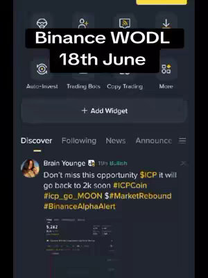 The cover image is a screenshot taken from the Binance app, displayed vertically, and shows a notification or announcement pertaining to the "Binance WODL" word of the day challenge for June 18th. The screenshot has been overlaid with a black bar containing white text that provides the title "Binance WODL 18th June". The background UI has a dark theme. It contains several interactive elements.
