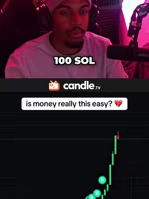The cover image is a split view. Above, a person wears a beanie and is looking at something. Below, there's a graph with green lines. Text overlays include "100 SOL" and "is money really this easy? π".
