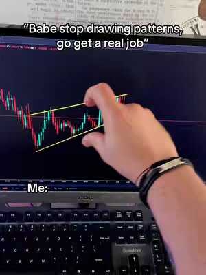The image features a person's hand pointing at a computer screen displaying a stock chart, overlaid with humorous text about trading. A keyboard and a wrist with a bracelet are also visible. The layout includes a dark background with a light-colored text overlay and chart elements.