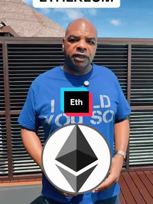 A man is holding an Ethereum logo and standing in front of a brown fence; text overlays read "Ethereum" and "Eth".