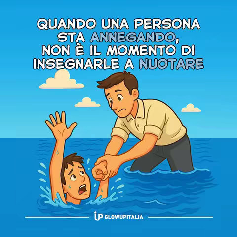 An illustrated image with a cartoon style. It depicts a man in a beige shirt and grey pants offering a helping hand to another man drowning in the sea. The second man is reaching upward with a look of panic. Above, there's text in a bold, white font set against a light-blue background, and two small clouds are floating in the sky. The image conveys a message of support and help, using soft colors for the figures and the environment, along with a clear message.