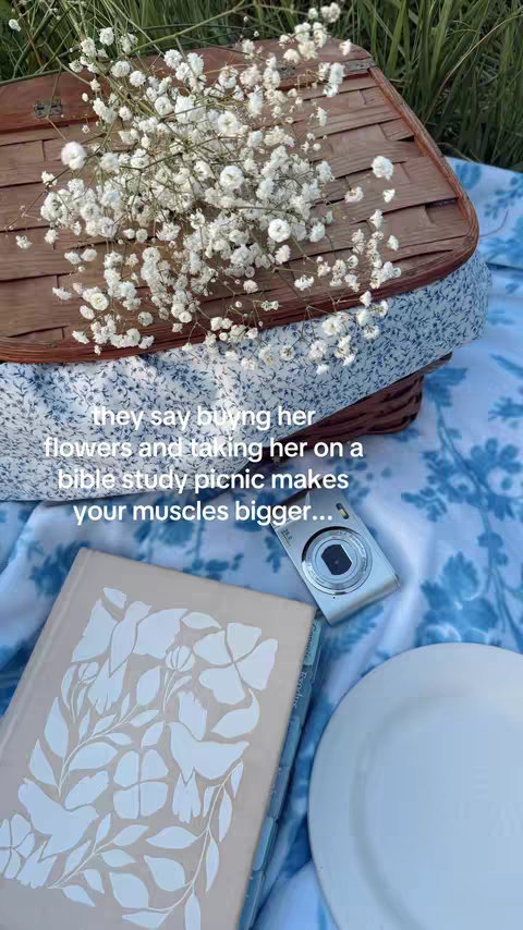 A picnic basket with white flowers is set on top of a blue and white patterned blanket. A book and a digital camera are next to the basket. The background is a blurry green field.
