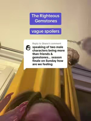 The cover image shows a person's face from the nose up, with a comment overlaid on the screen. The upper part has purple rectangular boxes with white text stating "The Righteous Gemstones" and "vague spoilers". The comment is within a white rounded rectangle with black text describing a comment by "Shane". The person's fingers with red nail polish are visible on the bottom left.