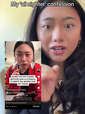 The cover image features a woman in a selfie-style video with a screen overlay showing a video of the woman herself in a red outfit discussing the Kay Chung method for writing her thesis, framed within the larger video. Text overlay indicates the video is about a confession regarding an all-nighter and a study technique.
