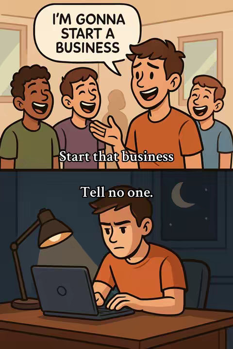 The image is divided into two scenes. The top scene depicts a group of four young men, one of whom is speaking with a speech bubble above his head that reads, "I'M GONNA START A BUSINESS." The other three men are smiling and looking at him. The bottom scene displays a different young man sitting at a desk at night, illuminated by a desk lamp, working on a laptop. He has a concerned expression. The words "Tell no one." are displayed below the scene. The overall color scheme includes variations of orange, brown, and blue, which gives a warm feeling in contrast to the potential coldness of the night setting.