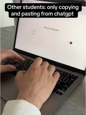 A person's hands typing on a laptop keyboard, with the screen displaying a ChatGPT interface. Text overlays the top of the screen.