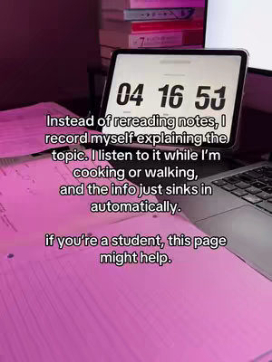 The image shows a desk setup with a laptop, a tablet displaying a digital timer, and loose papers. The setup is dimly lit, creating a cozy atmosphere. Text overlays provide study tips.