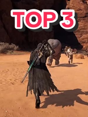 A video game scene set in a desert environment is depicted. The foreground features a figure in dark, tattered clothing, seen from behind as they walk. They hold a long, slender weapon. To the right, a large, rhino-like creature charges forward, followed by two figures in lighter clothing. A text overlay reads "TOP 3" in a red box with a white border.