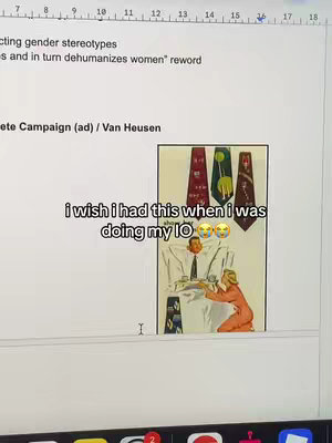 The cover image shows a document with text and an embedded image. The text at the top discusses "gender stereotypes." The embedded image is a vintage advertisement featuring a man in a suit and a woman kneeling to serve him. The hook text is a text overlay. The overall composition is a snapshot of a document.