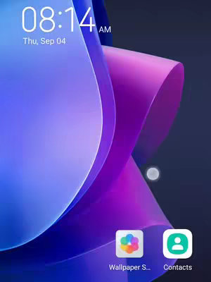 The cover image displays a phone's home screen against a backdrop of a stylized purple and blue gradient design. The top left corner shows the time as 08:14 AM and the date as Thursday, September 04. Below are two app icons: one multi-colored, labeled Wallpaper S... and another with a person silhouette, labeled Contacts.
