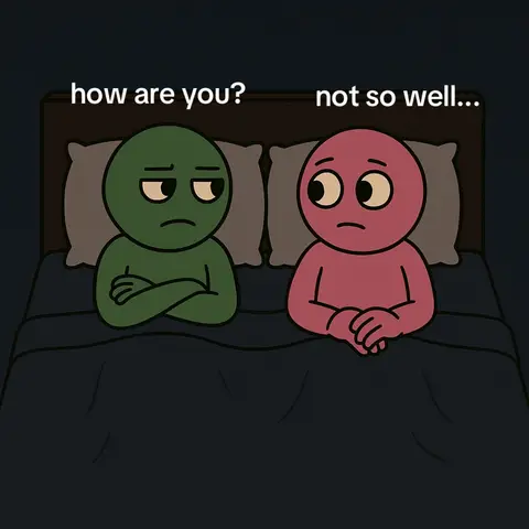 An animated image depicting a green and a pink figure in bed, facing each other. The green figure has their arms crossed and a serious expression, while the pink figure looks concerned. Text overlays indicate a conversation regarding mental health.