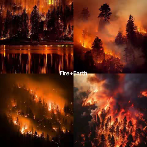 The cover image is a collage depicting different scenes of wildfires. Each quadrant contains an image of trees engulfed in flames. In the top left, the fire reflects in a body of water. In the bottom left trees are burning up a hill. The text "Fire + Earth" is centered at the bottom of the image. The color is a combination of oranges, reds, and dark browns creating an intense and dramatic effect.